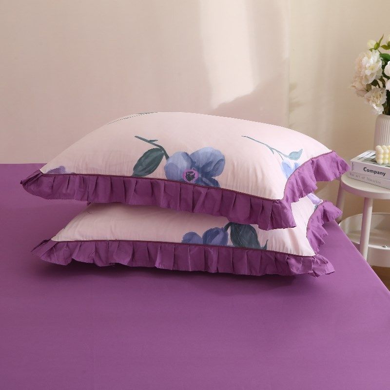 枕套2024新款纯棉全棉枕头套一对高级加厚冬季花边荷叶边紫色拉链