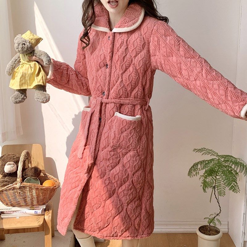 睡袍女秋冬季2022年新款珊瑚绒睡衣冬款小个子加绒加厚夹棉女款