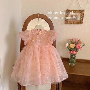 女童连衣裙夏季2023新款洋气粉色碎花裙儿童中国风盘扣旗袍蓬蓬裙