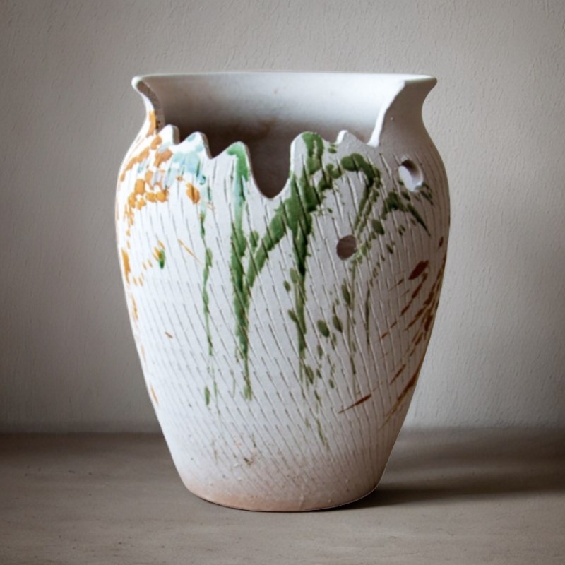 大口径粗陶有孔侘寂风陶罐透气群生矮胖多肉花盆简约兰花粗陶花盆