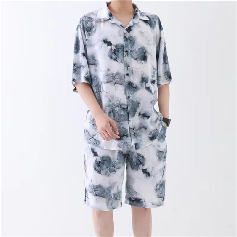 薄款新中式国风套装男水墨棉绸衬衫短裤夏装搭配舒适棉绸家居套装