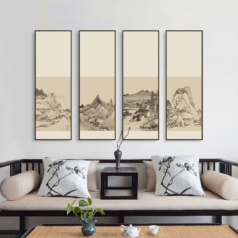 新中式装饰画客厅沙发背景墙禅意挂画山水画茶室玄关餐厅四联壁画