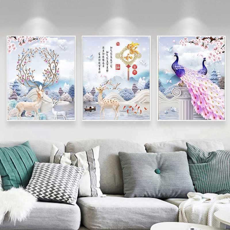 钻客石画三联画2005年新款鹿厅满钻十字绣2家和万事912兴砖石贴画