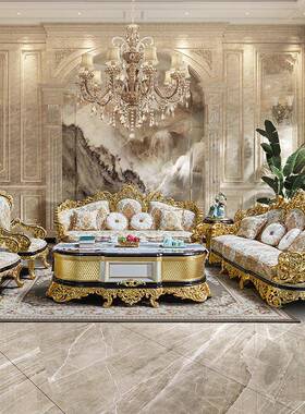 法雕式奢华实箔木花沙发欧式客厅贴金进全口布艺别墅高端92466沙