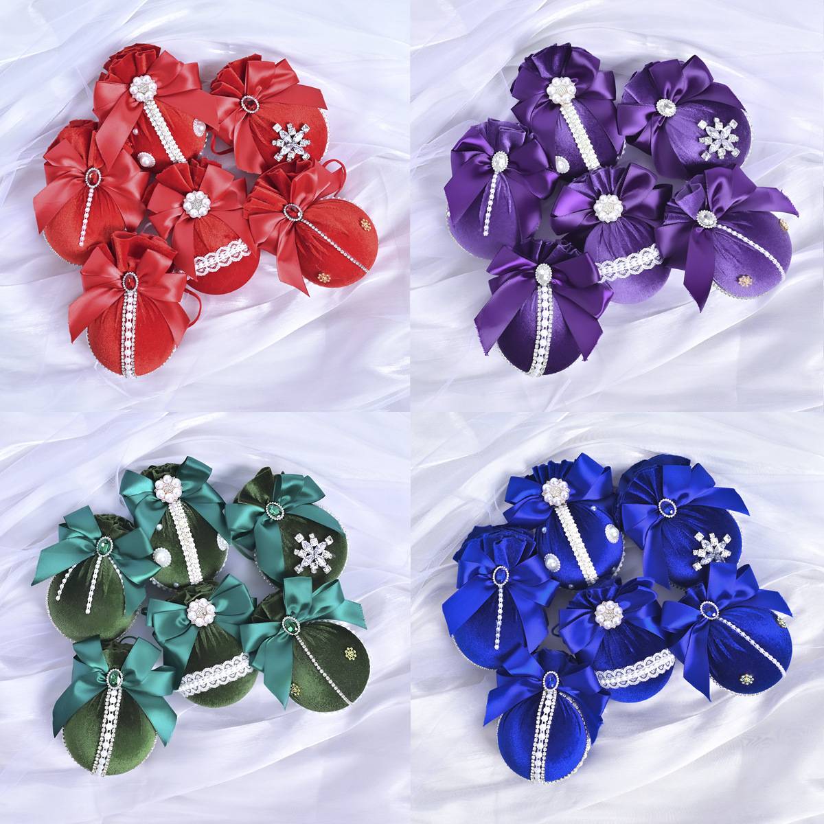 跨境新款圣诞树挂饰8CM-6pcs天鹅绒钻石布包圣诞球节庆场地装饰品