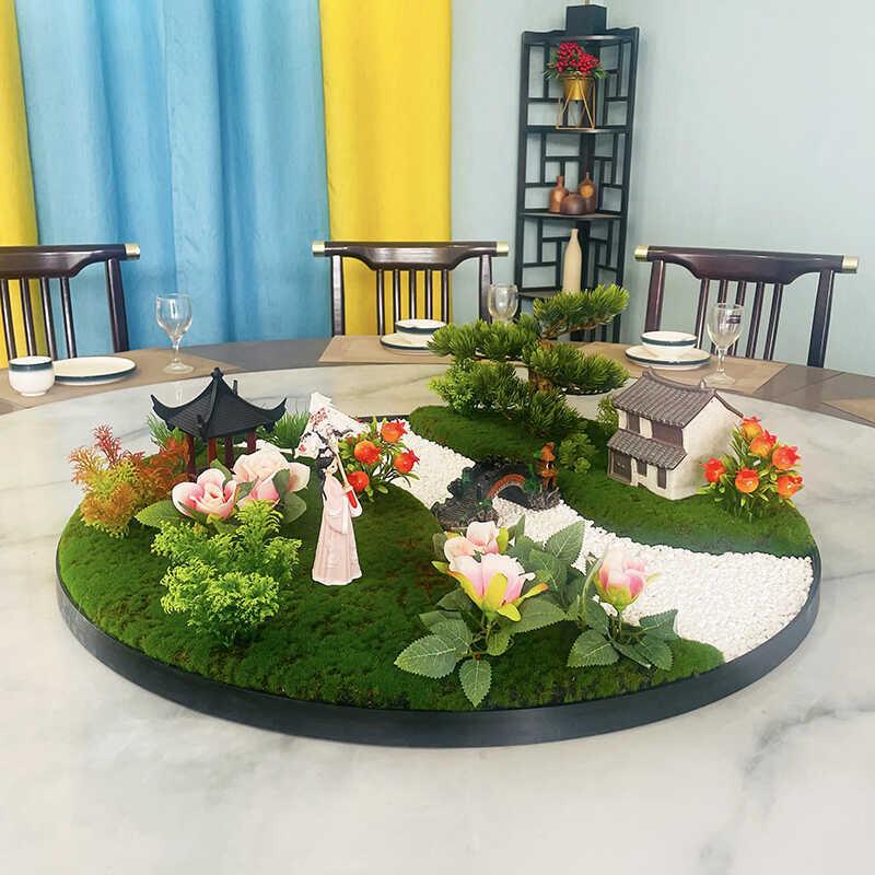 酒店大圆桌装转盘中间绿摆花468店餐饭桌饰仿真植假花高端轻奢摆