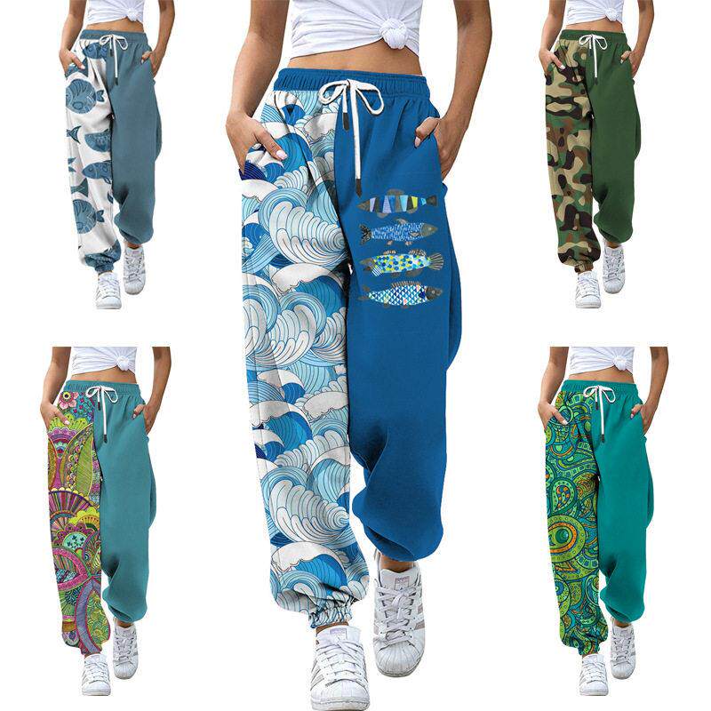 Women's digital printing sports stitching sweater pants