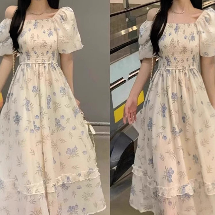 大码胖mm甜美温柔法式收腰雪纺碎花连衣裙女桔梗仙女蓬蓬中长裙子