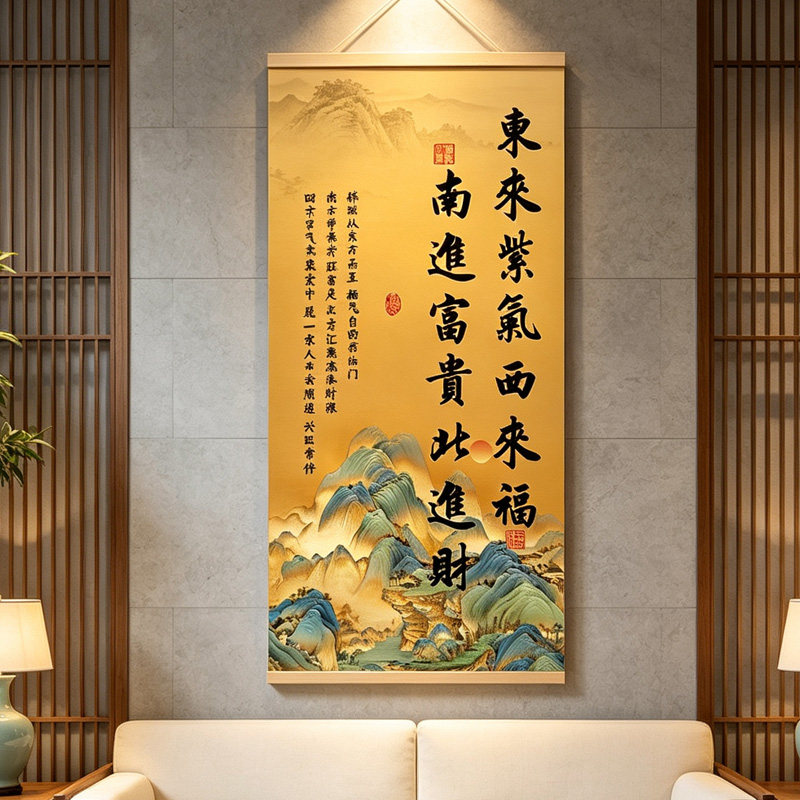 东来紫气西来福挂画字画新中式客厅玄关办公室装饰画实木卷轴挂轴