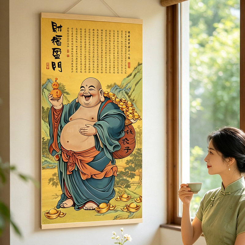 新中式实木画轴背景墙装饰画图片