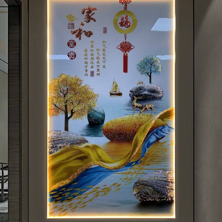 轻奢入户玄关装饰画现代高档晶瓷镶钻壁画LED灯光画走廊过道挂画图片