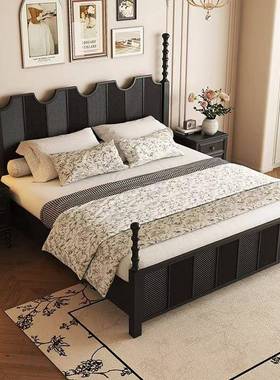 美式实床黑色复古床风1.8双人大主卧法式木1m.5m简约轻奢婚KAH纯
