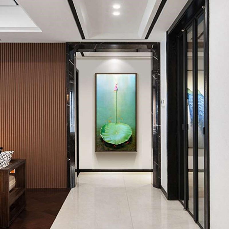 顺丰新中手绘油画玄关装饰画179过廊道走竖版画荷花壁九式鱼图挂
