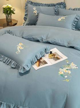 欧式棉蕾丝床裙四件套加网纯红款公主风叶FDI荷边被套厚床上用品