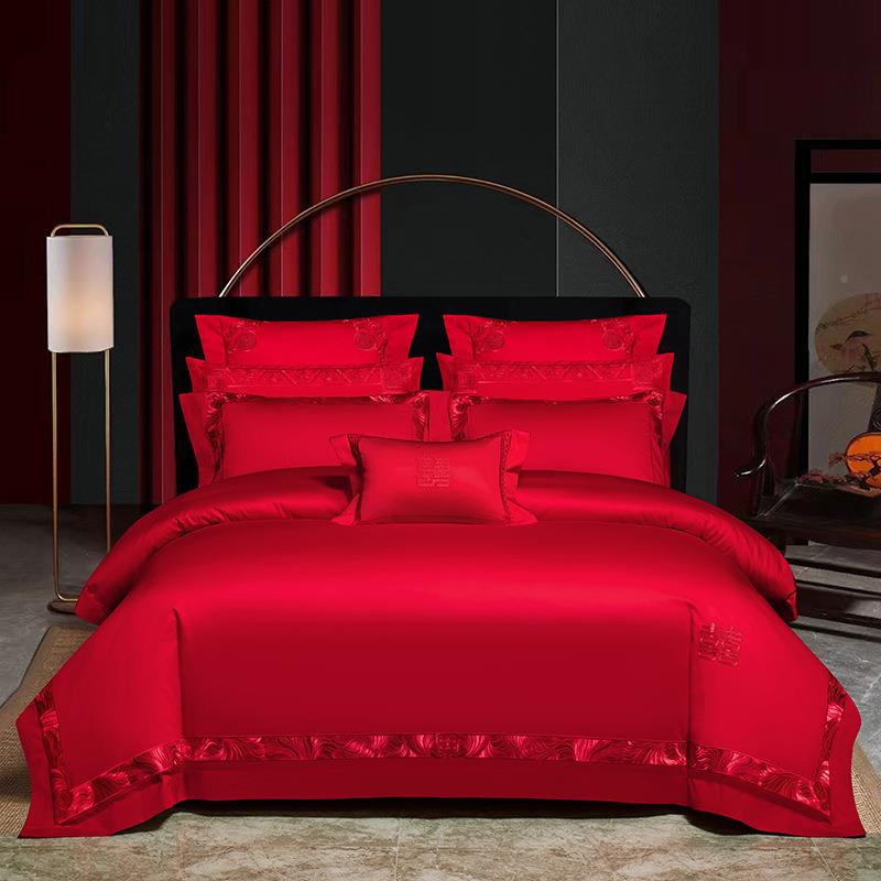 红色新款100S婚庆长绒棉婚凤四383从件套纯棉被套龙刺绣多结件量