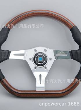 销汽用车通D1型方向盘4EBV寸复古桃木转向盘黑色热皮革方向盘