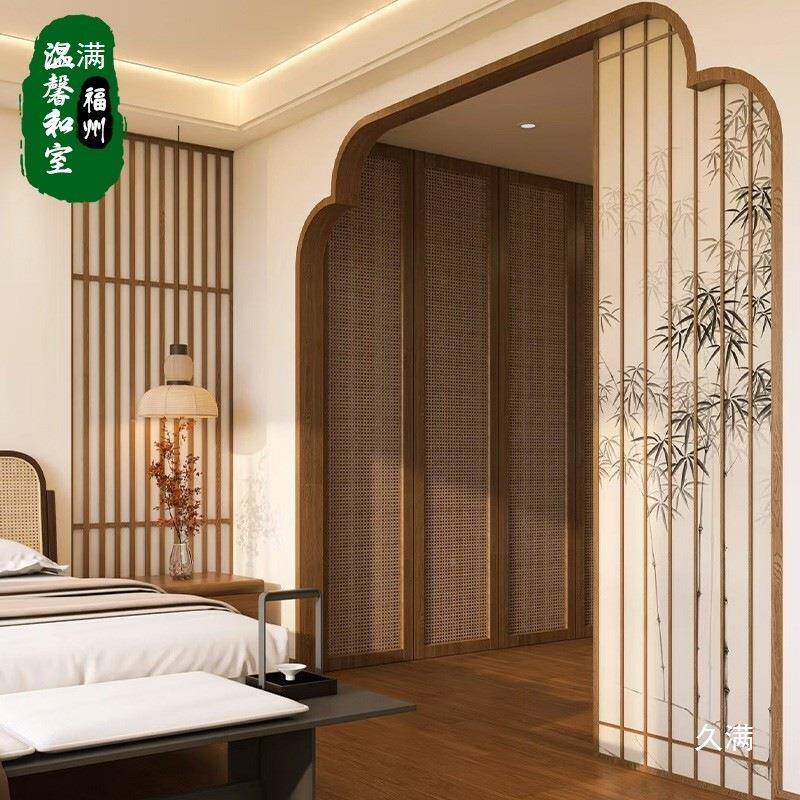 推门GNY新中式隔断格栅中古饰风竹茶叶室门窗餐拉厅装屏风推拉折