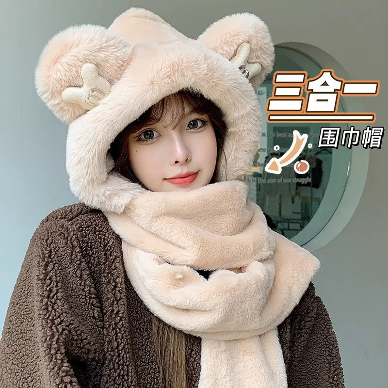 小熊围巾女冬季韩版百搭帽子围脖
