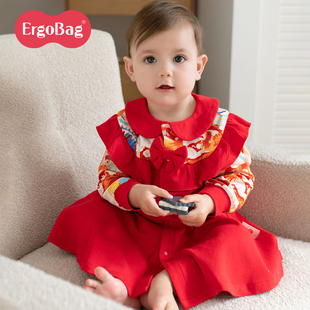 ergobag过年拜年女童红色连衣裙春装中式抓周宴一周岁礼服女宝宝