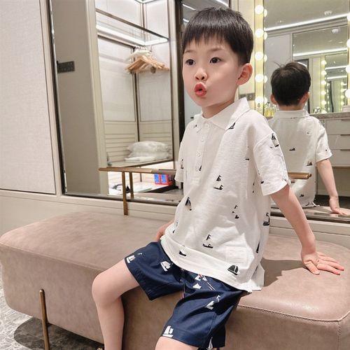 定制帆船图案黑白拼色儿童polo衫气质简约男女童宝宝短袖上衣全棉