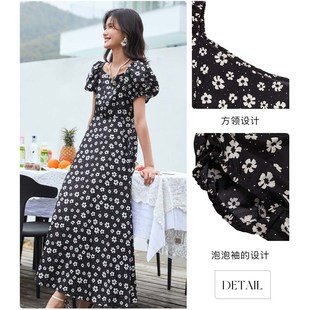 vilan/慧兰碎花连衣裙女气质显瘦2024夏季新款黑色小个子中长裙子