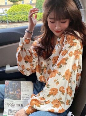 黄色油画上衣80年代港风衬衫女复古雪纺衬衣防晒衣2022年V领碎花