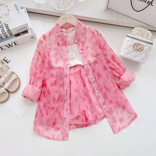 女童套装夏季2023新款儿童薄款长袖防晒衣衬衫吊带+短裤3件套洋气