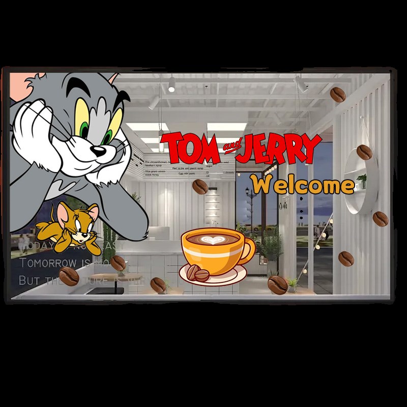 猫和老鼠咖啡店奶茶店餐厅西餐厅玻璃贴橱窗装饰店铺门面墙贴纸