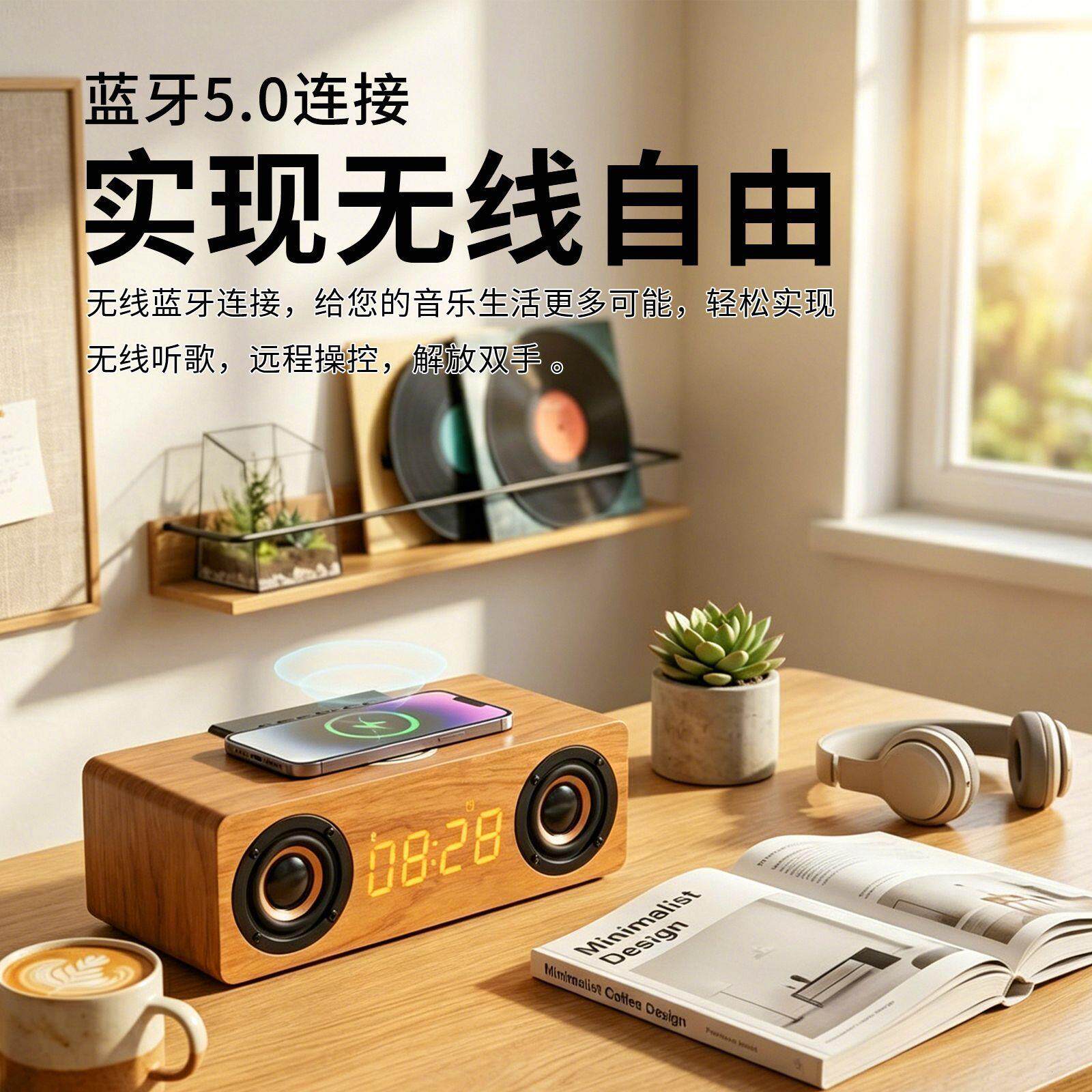 木质桌面蓝牙低音炮音响时钟闹钟多功能无线充电插卡复古
