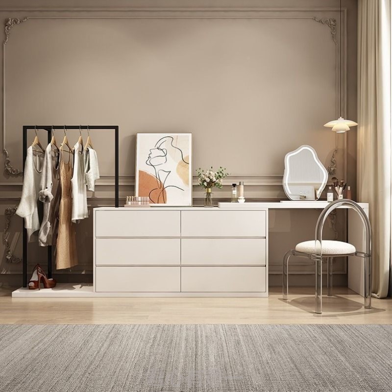 实木梳妆台斗柜一体带衣帽架现代简约收纳柜多功能转角化妆台书桌