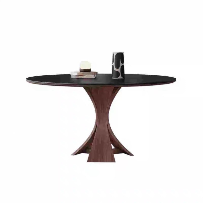 中古风圆形实木餐桌椅组合现代简约家用小户型复古黑色岩板小圆桌