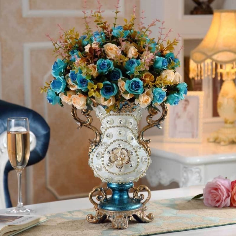 新古典花瓶摆件宫廷风复古奢华餐桌树脂花盆欧式花插仿真花工艺品