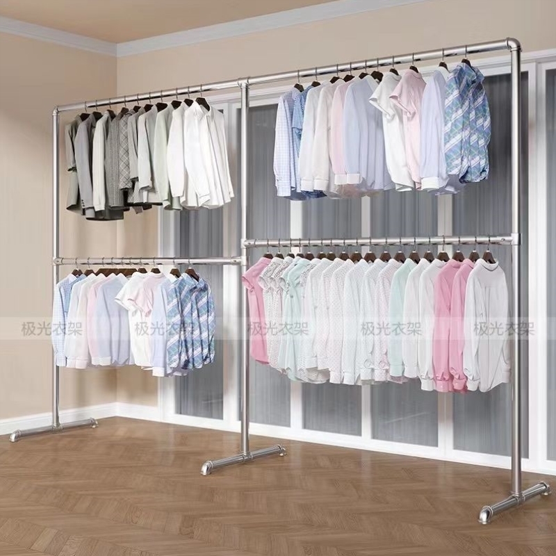 加粗镀锌防锈钢管双层晒被卧室阳台服装展示摆摊带轮衣架落地立式