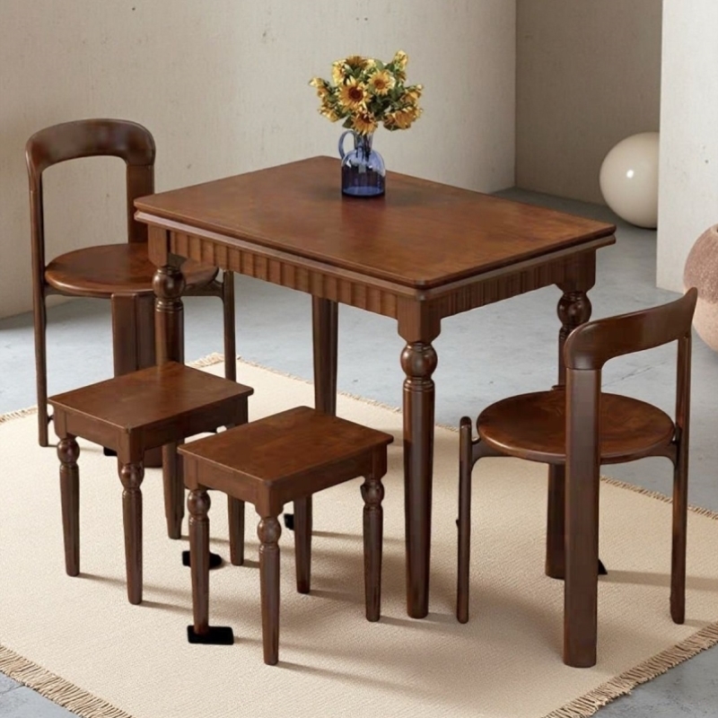 中古风实木折叠餐桌法式家用小户型吃饭桌美式长方形黑色实木桌子