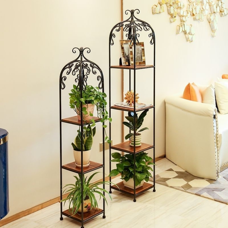 包邮客厅花架美式铁艺实木花几落地装饰架多功能置物架书架方形【