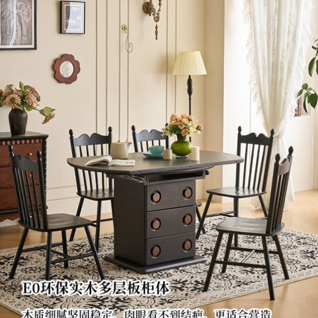 法式复古餐桌餐椅组合小户型中古风方圆两用伸缩家用轻奢实木餐桌