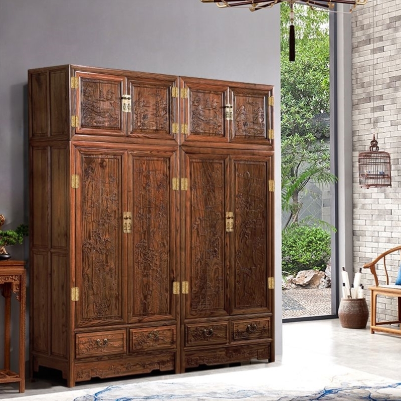 顶箱柜新中式原实木大衣柜两四门雕花收纳衣帽橱储物平开卧室高柜