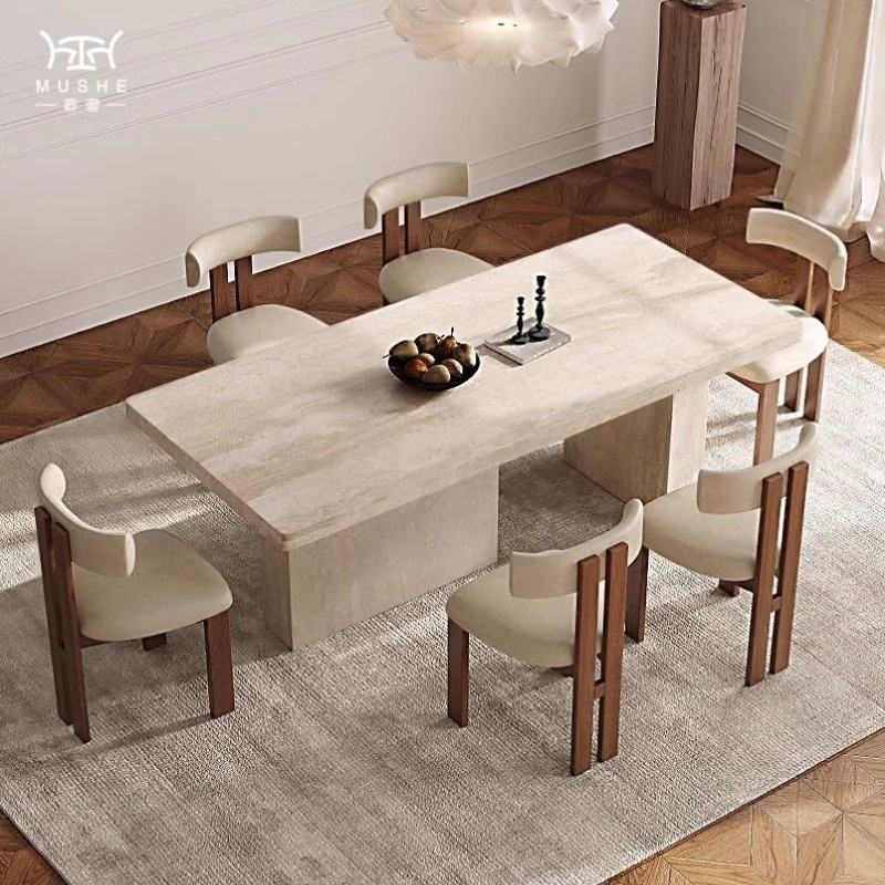 法式复古洞石岩板餐桌餐桌椅组合现代家用小户型设计师古风长方形