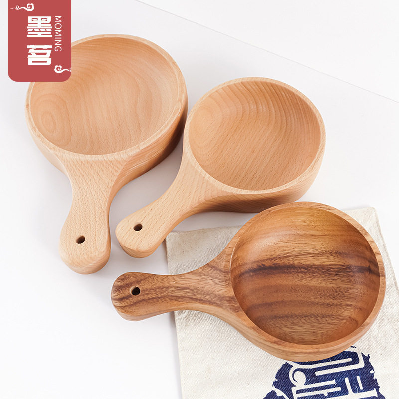 榉木相思木水瓢碗泡菜碗圆形实木手柄沙拉碗木质厨房餐具木碗批发