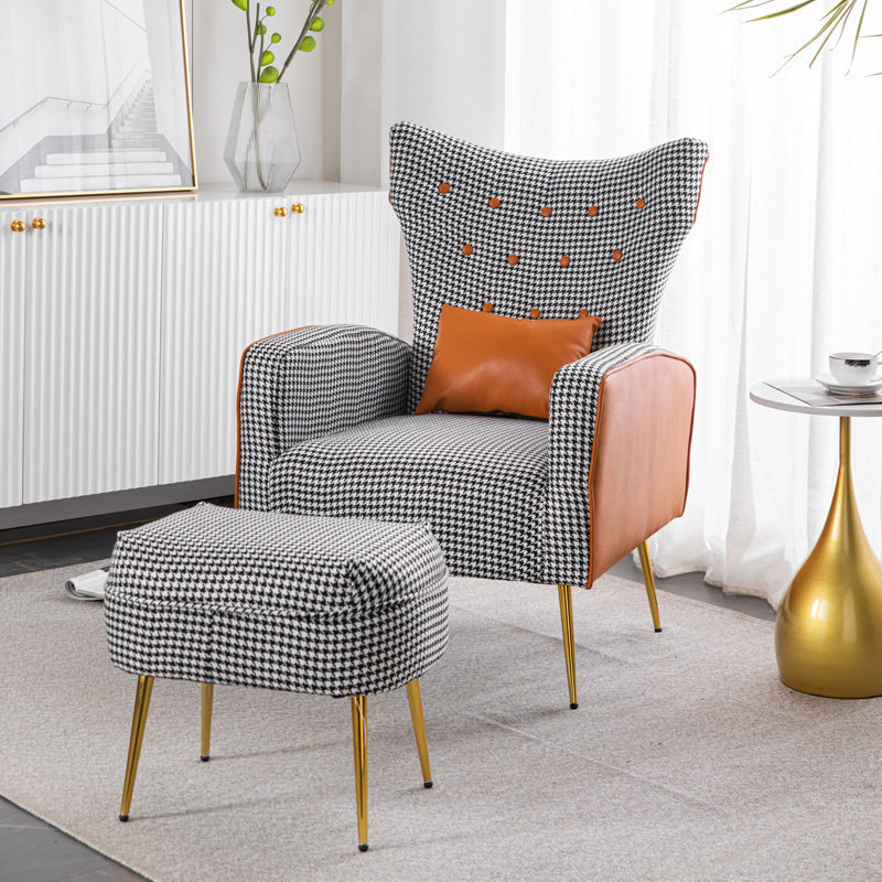 单人沙发千鸟格北欧现代轻奢公寓老虎椅懒人休闲客厅皮小户型沙发