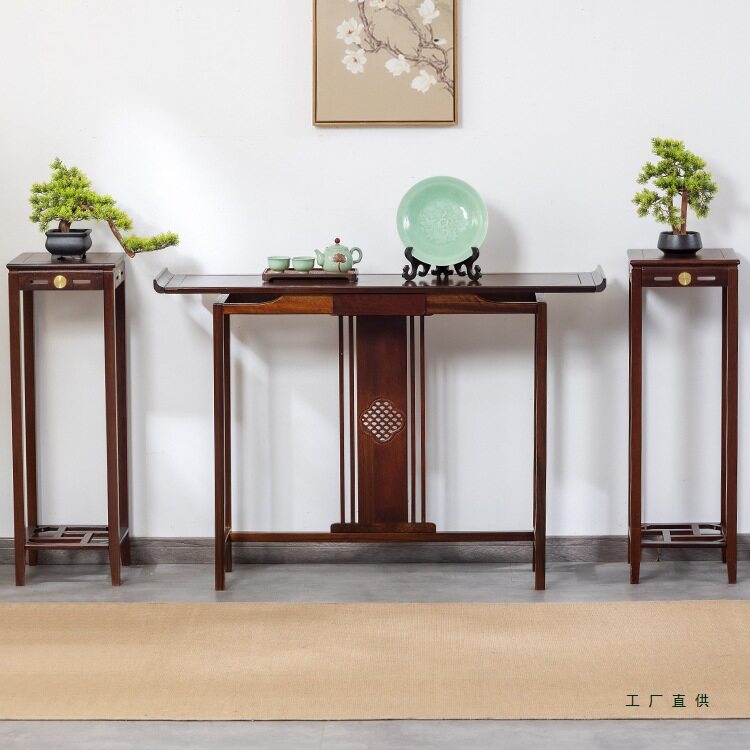 入户正对门玄关台条案中式过道柜黑胡桃木置物台室内佛台桌长条几