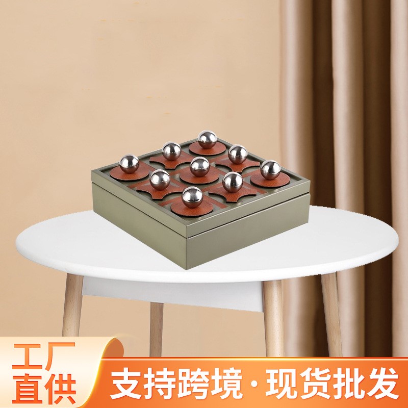 欧式皮革金属盒子轻奢ins样板间圆球棋盘售楼处展厅客厅装饰柜9珠