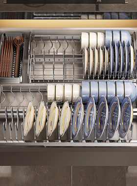 德国家用碗碟收纳架厨房橱柜内置分隔沥水碗盘架抽屉内拉篮收纳架