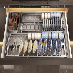 德国家用碗碟收纳架厨房橱柜内置分隔沥水碗盘架抽屉内拉篮收纳架