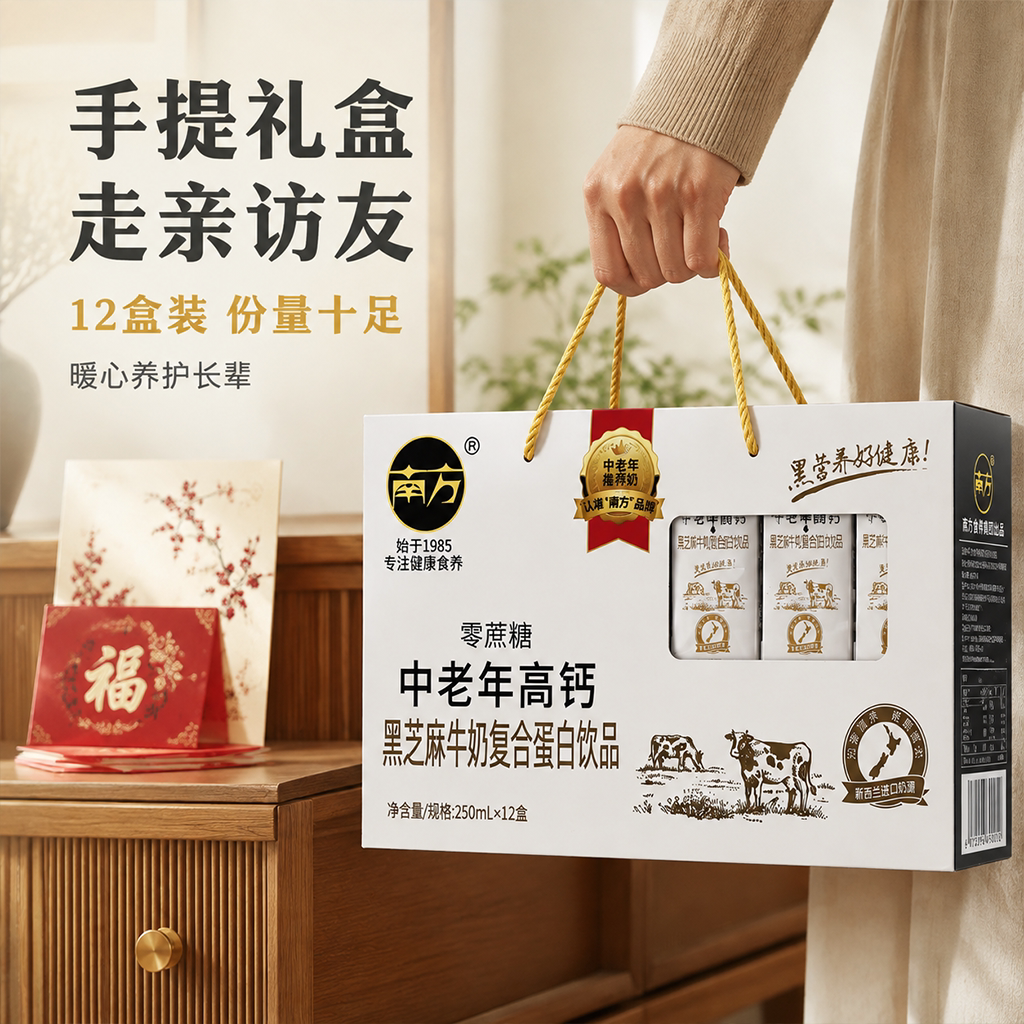 南方如纯中老年高钙黑芝麻牛奶250ml*12盒无蔗糖礼盒控糖营养早餐