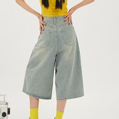 浅蓝色直筒牛仔裤女春夏新款大码胖MM高腰宽松显瘦阔腿七分中