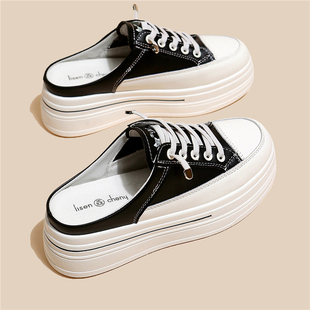 爆时尚 新款 外穿百搭休闲 包头半拖女厚底松糕2025夏季 内增高小白鞋