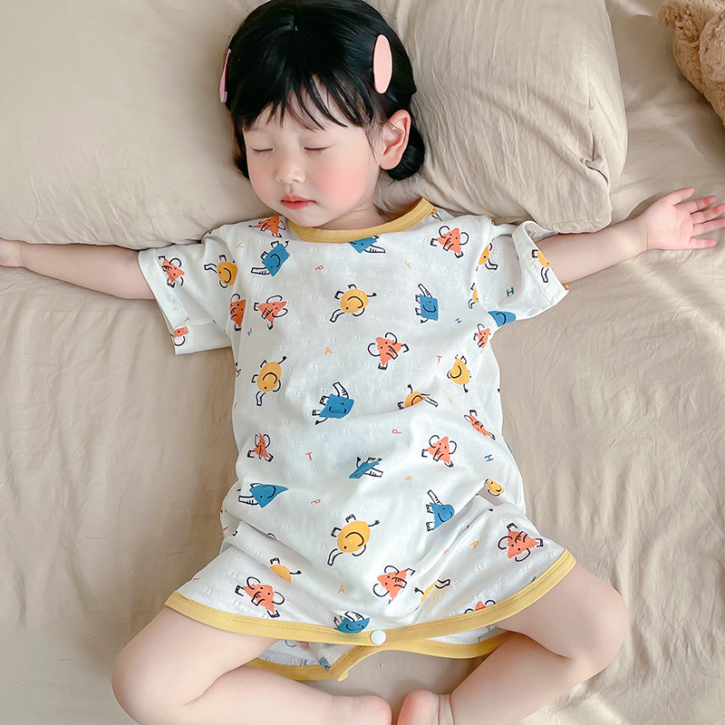 宝宝夏季睡袍婴儿连体短袖睡衣呼吸纯棉男儿童防踢被女童睡裙薄款