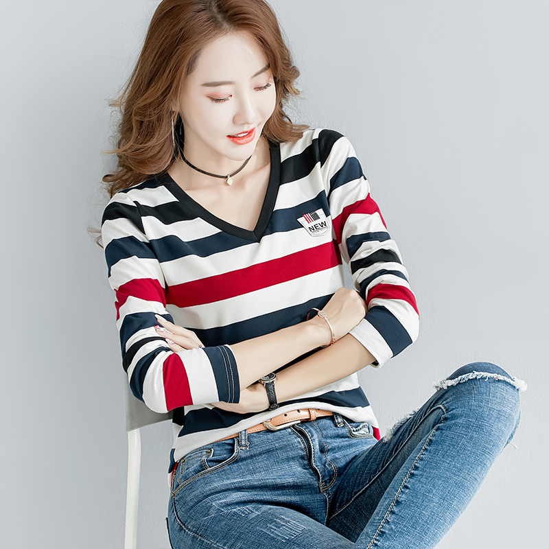 纯棉条纹T恤女士长袖2020年新款修身薄款春秋衣外穿内搭v领上衣服