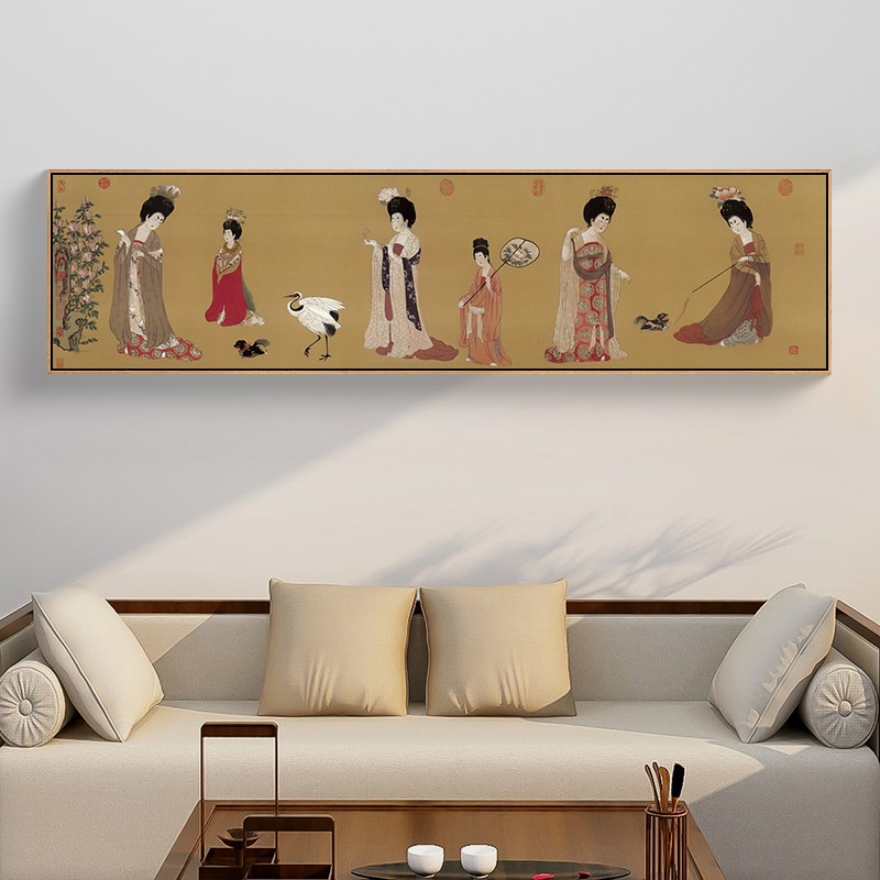 簪花仕女图新中式茶室挂画客厅背景墙装饰画古画国画卧室床头壁画